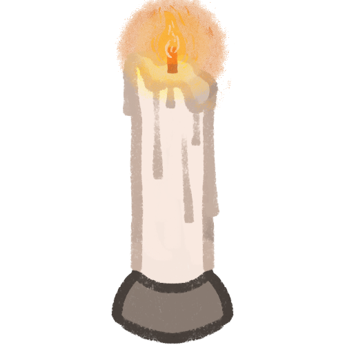 A white candle with wax running down the sides. It emits a warm glow from its flame. 